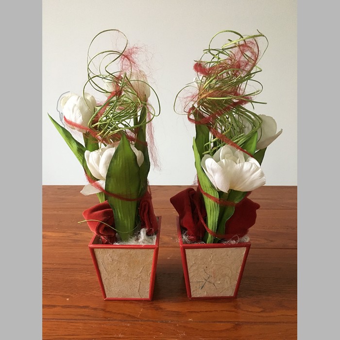 2 bloemstukjes met tulpen in vierkant bakje
